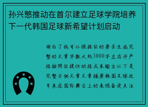孙兴慜推动在首尔建立足球学院培养下一代韩国足球新希望计划启动 孙兴慜推动在首尔建立足球学院培养下一代韩国足球新希望计划启动